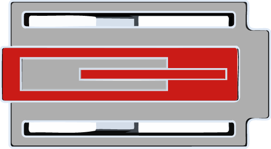 Detalle de hebilla Zizhá con zonas 1 y 3 lacadas en rojo, acabado pulido hecho a mano en España.