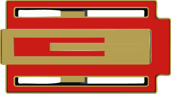 Detalle de hebilla Zizhá oro con zonas 2 y 4 lacadas en rojo, acabado artesanal hecho a mano.